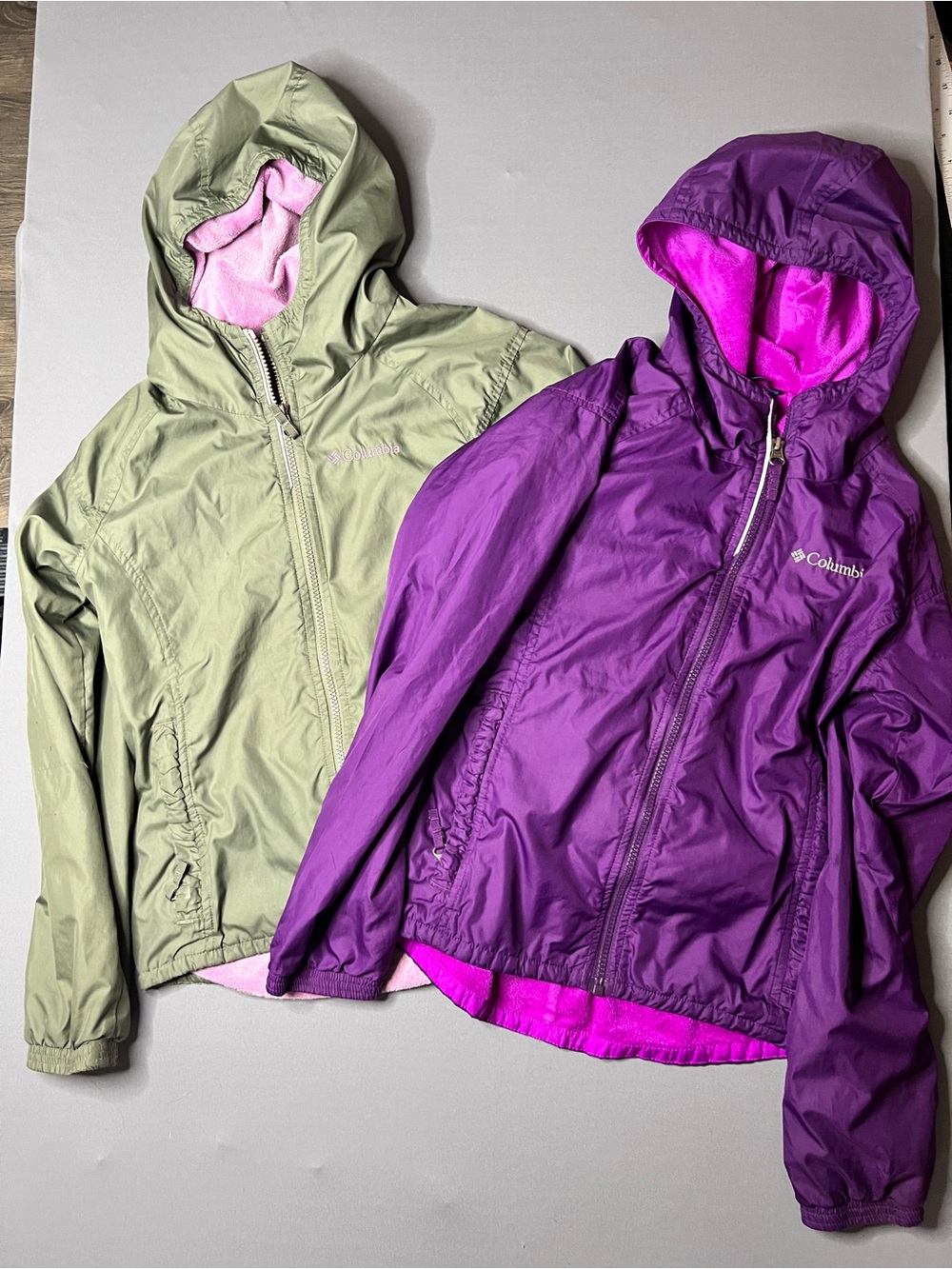 Columbia Reversible Kids Rain Jacket — Purple & Olive with Pink Lining lot of 2